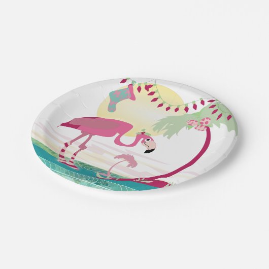 Weihnachten Flamingo Urlaub Strand Szene Pappteller (Schrägansicht)