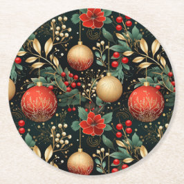 Weihnachten Floral Berry Gold Rote Ornament Runder Pappuntersetzer