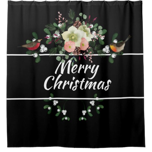 Weihnachten Florals mit Vögeln, Merry Christas Duschvorhang (Vorderseite)