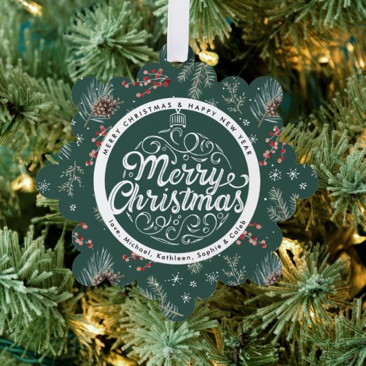 Weihnachten Florals | Rot & Grün Botanisch Ornament Karte (Insitu (Baum))