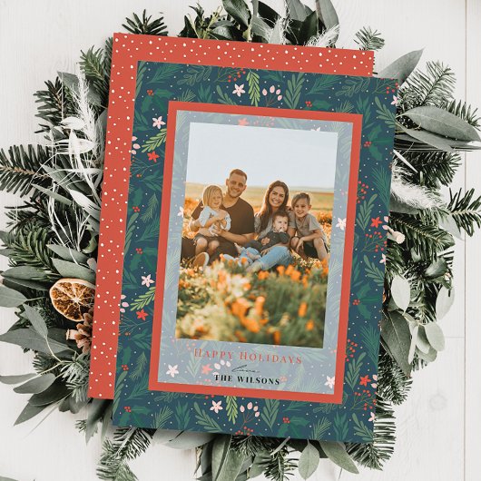 Weihnachten Foliage Navy Blue Holiday Foto Card Einladung