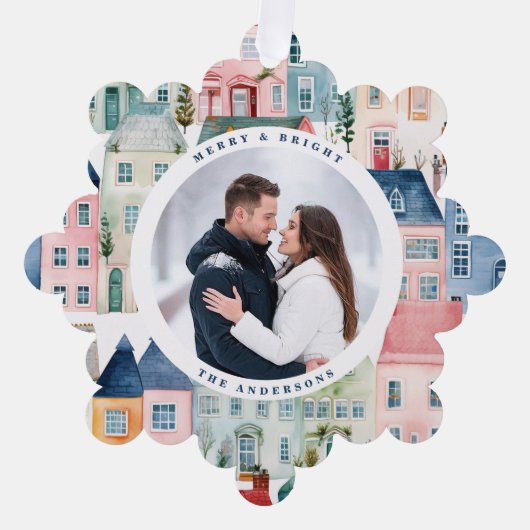 Weihnachten Foto Farbenfrohe Häuser Blue Holiday Ornament Karte (Vorderseite)