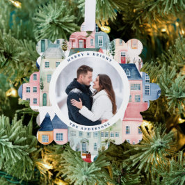 Weihnachten Foto Farbenfrohe Häuser Blue Holiday Ornament Karte