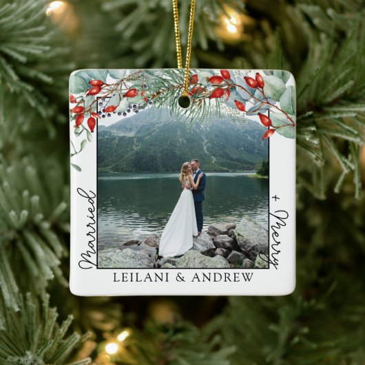 Weihnachten Foto und Wasserfarbe Holly Keramikornament (Baum)