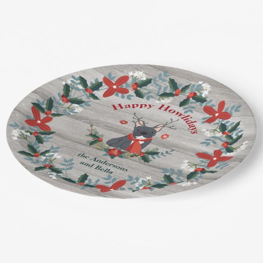 Weihnachten Französischer Bull Hund Antler Rustika Pappteller (Schrägansicht)
