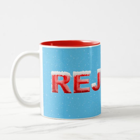 Weihnachten Freude an rotem Text und Schneeflocke Zweifarbige Tasse (Links)