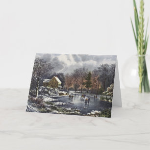 Weihnachten, Frühe Winter Skater auf einem Teich Feiertagskarte