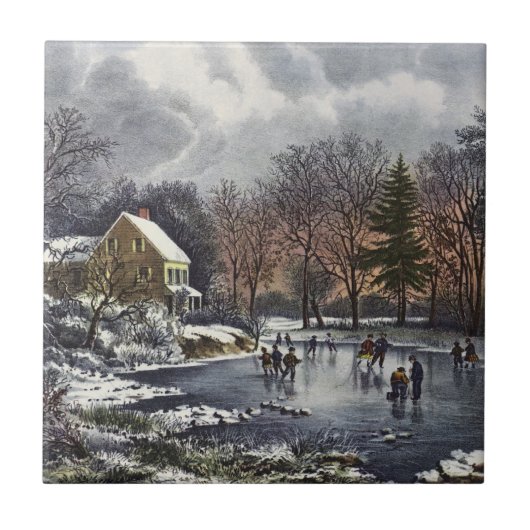 Weihnachten, Frühe Winter Skater auf einem Teich Fliese (Vorderseite)