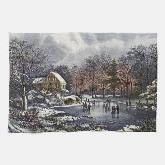 Weihnachten, Frühe Winter Skater auf einem Teich Küchentuch (Horizontal)