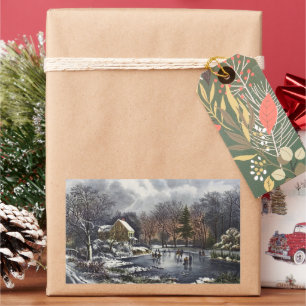 Weihnachten, Frühe Winter Skater auf einem Teich Rechteckiger Aufkleber