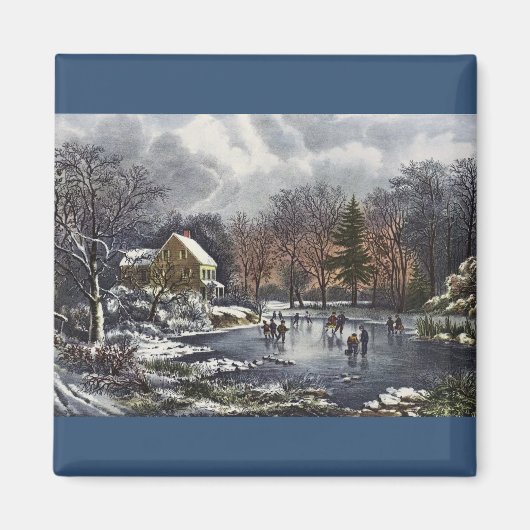 Weihnachten, Frühe Winter Skater auf Teich Magnet (Vorne)