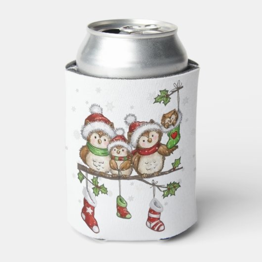 Weihnachten für Eule-Liebhaber niedliche Eule-Fami Dosenkühler (Kanne Vorderseite)
