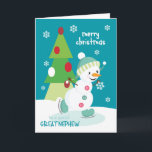 Weihnachten für Great Nephew Ice Skaten Snowman<br><div class="desc">Versenden Sie eine ganz besondere Weihnachtskarte mit einem fröhlichen Eis-Skaten-Schneemann mit einem bunten Weihnachtsbaum und Schneeflocken auf türkisfarbenem Hintergrund. Schneemann mit Höflichkeit Hübscher Grafik.</div>