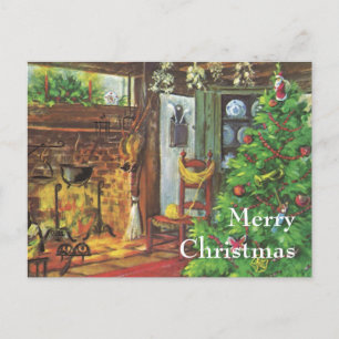 Weihnachten, gemütliche Blockhütte mit Kamin Feiertagspostkarte