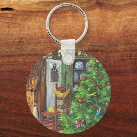 Weihnachten, gemütliche Blockhütte mit Kamin Schlüsselanhänger (Rückseite)