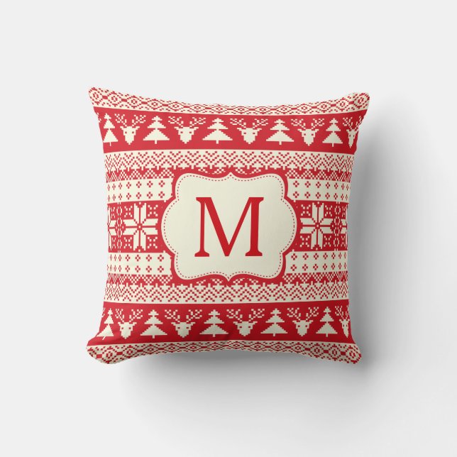 Weihnachten gestrickte Muster-Monogramm-Initiale Kissen (Vorderseite)
