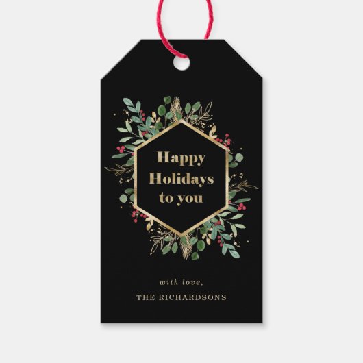 Weihnachten Gilded Greenery auf Schwarz | Urlaub Geschenkanhänger (Vorderseite)