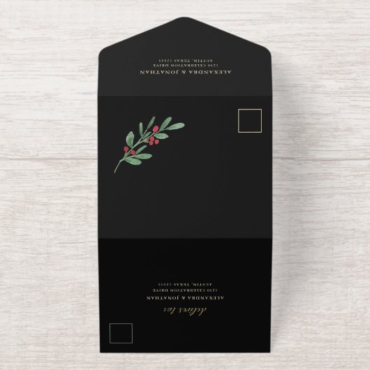 Weihnachten Gilded Greenery auf Schwarzer Hochzeit All-in-One-Einladung (Außenseite)