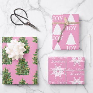 Weihnachten Girly Pink & White Muster Geschenkpapier Set