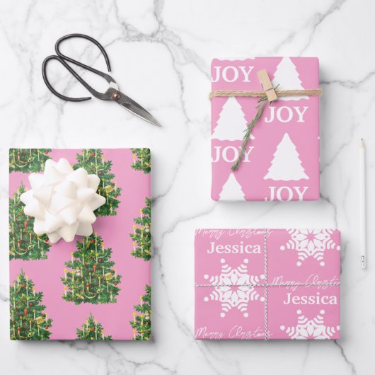 Weihnachten Girly Pink & White Muster Geschenkpapier Set (Vorderseite)