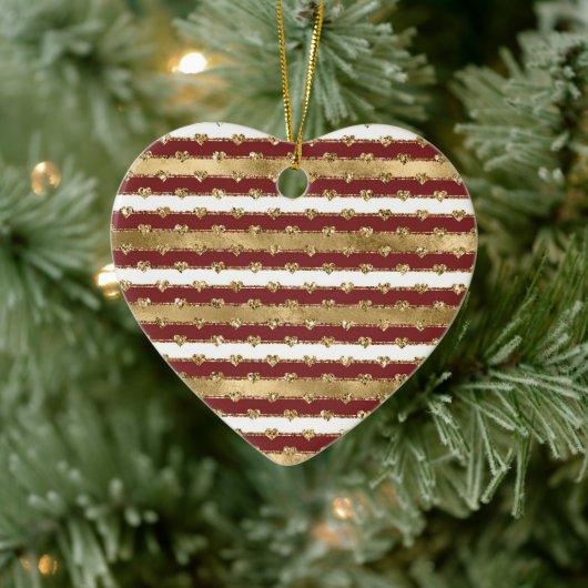 Weihnachten Glitzer Gold Rote Herzen Streifen Keramik Ornament (Baum)