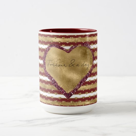 Weihnachten Glitzer Gold Rote Herzen Streifen Zweifarbige Tasse (Mittel)