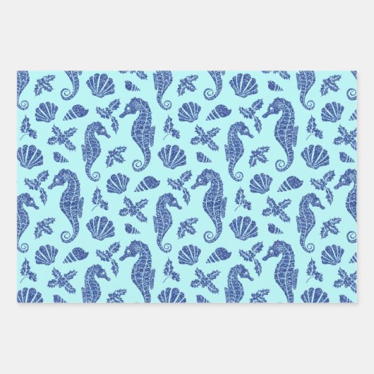 Weihnachten Glitzer Seepferd Pattern Aqua Blue Geschenkpapier Set (Vorderseite 3)