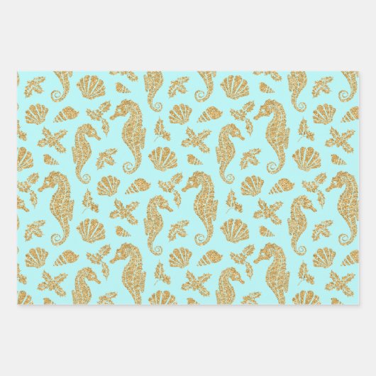 Weihnachten Glitzer Seepferd Pattern Aqua Blue Geschenkpapier Set (Vorderseite 2)