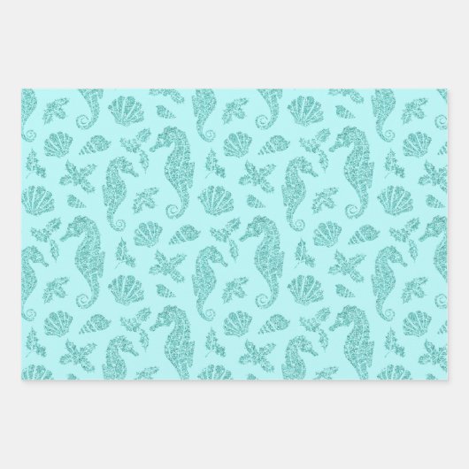 Weihnachten Glitzer Seepferd Pattern Aqua Blue Geschenkpapier Set (Vorderseite)