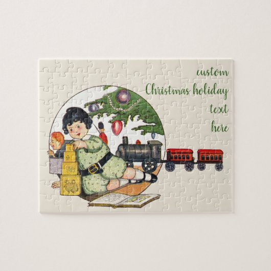 Weihnachten, glücklicher Junge spielen mit Spielze Puzzle (Horizontal)