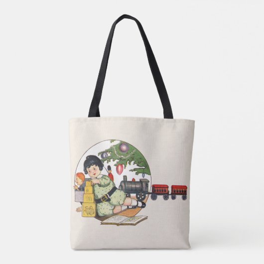 Weihnachten, glücklicher Junge spielen mit Spielze Tasche (Rückseite)