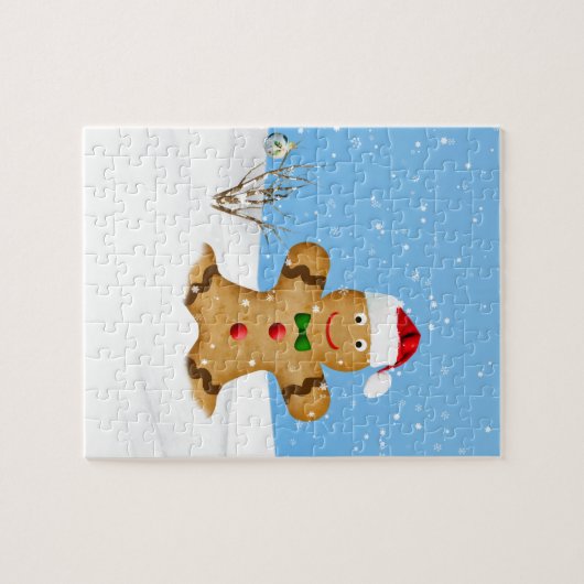 Weihnachten, glücklicher Lebkuchen-Mann im Schnee Puzzle (Horizontal)