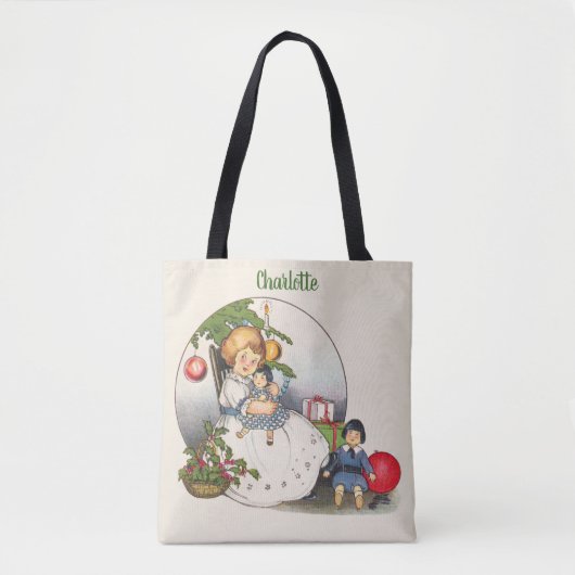 Weihnachten, glückliches Mädchen spielen mit Puppe Tasche (Vorderseite)