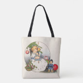 Weihnachten, glückliches Mädchen spielen mit Puppe Tasche (Rückseite)