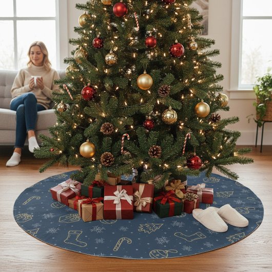 Weihnachten Gold Blue Candy Cane Geschenke Tree Polyester Weihnachtsbaumdecke