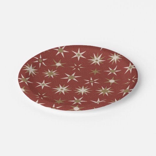 Weihnachten Gold Geo Stars - auf rotem Muster. Pappteller (Schrägansicht)