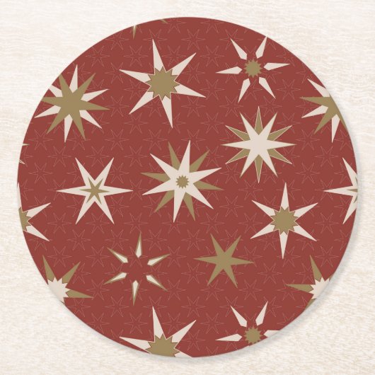 Weihnachten Gold Geo Stars - auf rotem Muster. Runder Pappuntersetzer (Vorderseite)