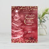 Weihnachten Gold Rote Hochzeit Sparkle Tree Einladung (Stehend Vorderseite)