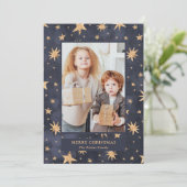 Weihnachten | Gold Stars auf blauem Foto (Stehend Vorderseite)