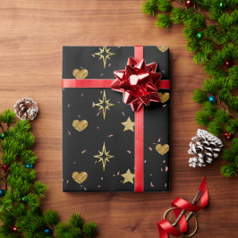 Weihnachten Gold Stars Gold Herzen in schwarzen Mu Geschenkpapier