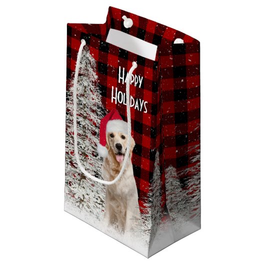 Weihnachten Golden Retriever auf Kariert Kleine Geschenktüte (Vorderseite Schrägansicht)