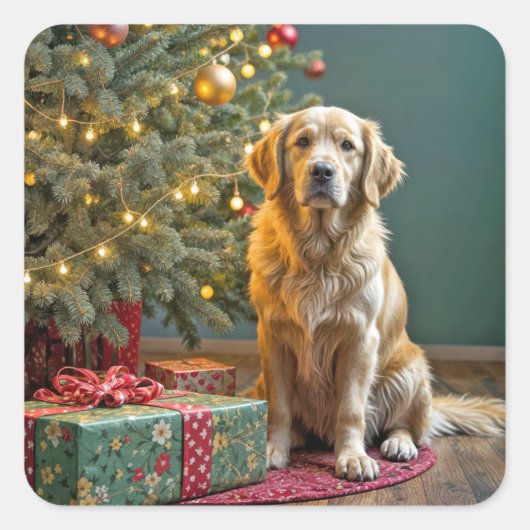 Weihnachten Golden Retriever mit Geschenken Quadratischer Aufkleber (Vorderseite)
