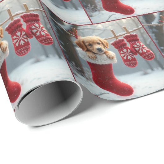 Weihnachten Golden Retriever Welpe in einem roten  Geschenkpapier (Rolleneckpunkt)