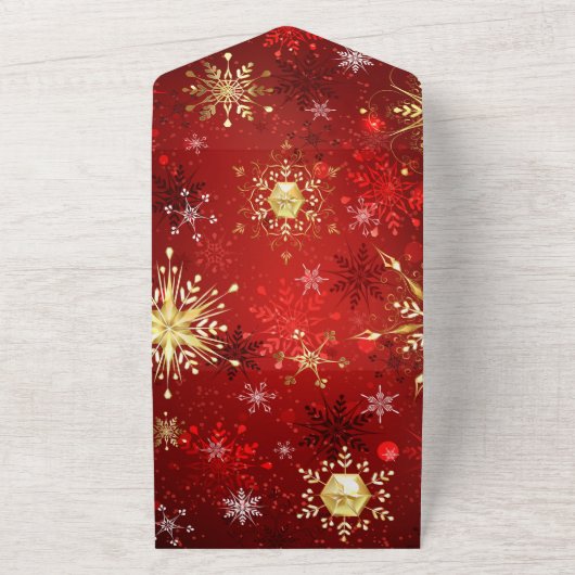Weihnachten Goldene Schneeflocken im roten Hinterg All In One Einladung (Außenbereich)