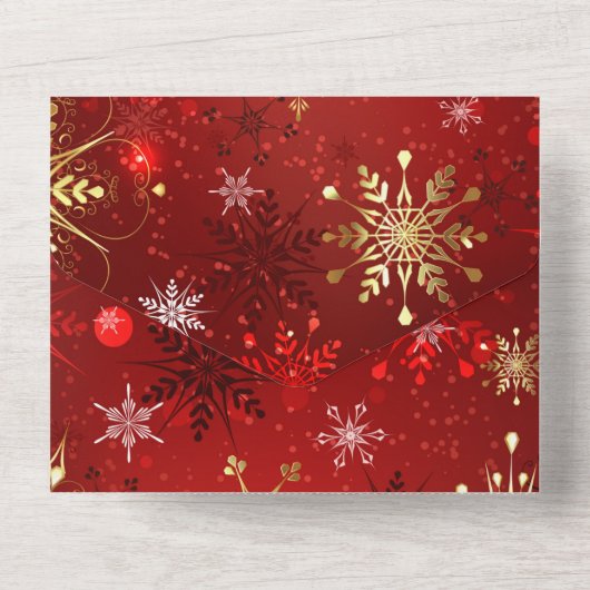 Weihnachten Goldene Schneeflocken im roten Hinterg All In One Einladung (Rückseite)