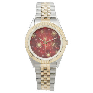 Weihnachten Goldene Schneeflocken im roten Hinterg Armbanduhr