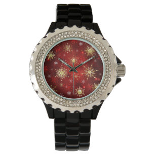Weihnachten Goldene Schneeflocken im roten Hinterg Armbanduhr