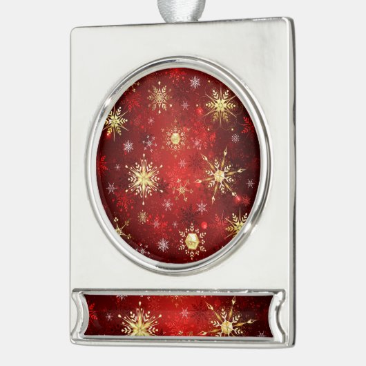 Weihnachten Goldene Schneeflocken im roten Hinterg Banner-Ornament Silber (Links)