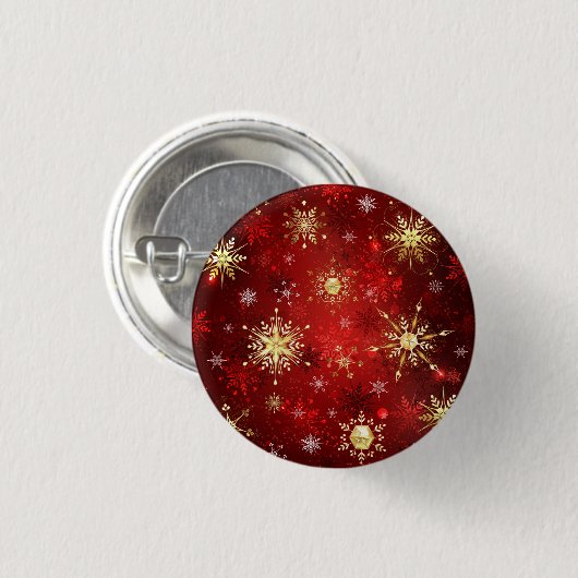 Weihnachten Goldene Schneeflocken im roten Hinterg Button (Vorne & Hinten)