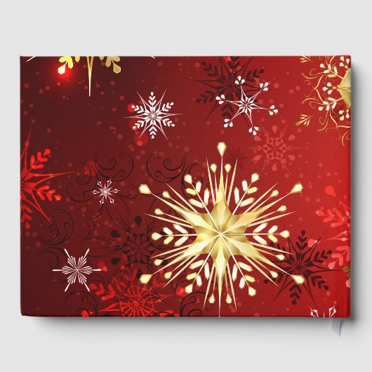 Weihnachten Goldene Schneeflocken im roten Hinterg Gästebuch (Rückseite)